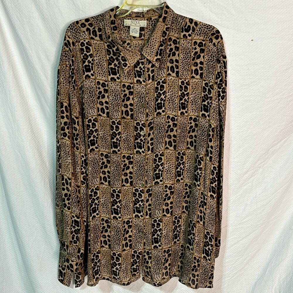 Nexx woman 2x animal print 💯 silk vintage blouse euc cheetah leopard mix